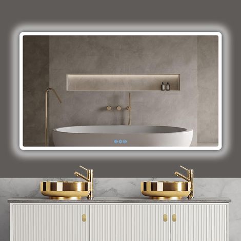 Miroir de Salle de Bain, avec éclairage, 120 x 70 cm, Miroir Mural et Interrupteur Tactile, IP65 LED, avec Fonction mémoire, 3 températures de Couleur, Horizontale/Verticale, Verre trempé HD (1/5)