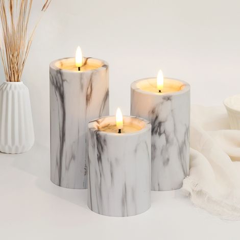 Lampe à bougie électronique à motif marbré (avec télécommande, lot de 3), alimentée par 2 piles AA, revêtement en cire véritable à dessus plat. (1/5)