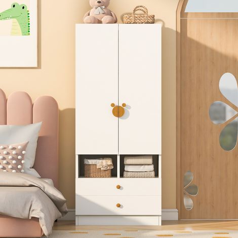 Armadio singolo, 70 × 50 × 170 cm, con due cassetti, maniglie delle ante con design a cartoni animati e piccoli scomparti portaoggetti, bianco (1/5)