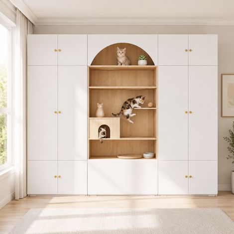 Armoire penderie 270x50x200 cm, Grand dressing dressing multifonctionnel, pour chambre et salon, Panneaux de particules, avec niche et coussin, Blanc (1/5)