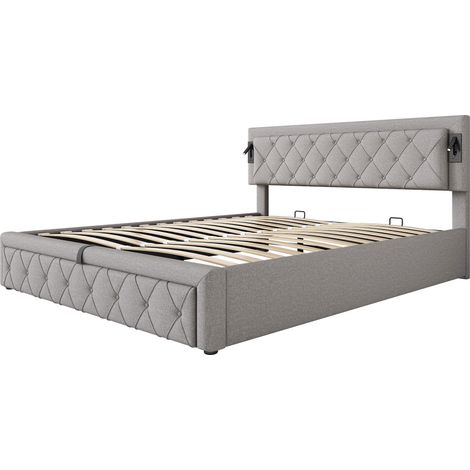 Polsterbett mit Stauraum 180 x 200 cm aus grauem Leinen, mit LED, USB und Lattenrost (1/5)