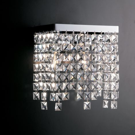 Applikation aus Messing und verchromtem Eisen zwei Lichter quadratische Strasssteine 25x12x h25 cm