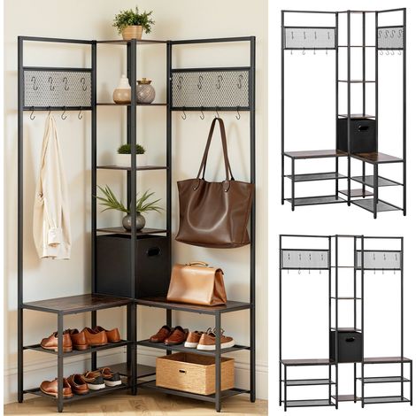 Meuble d'Entrée 180 cm, Porte Manteaux avec Étagère à Chaussures et Crochets, pour Couloir Chambre Dressing, Vestiaire d'Angle Autoportant, avec Système Anti-basculement, Marron Rustique (1/5)