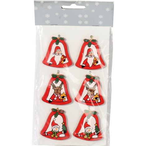 Set di ciondoli natalizi in legno rosso a forma di campanella con disegni di Babbo Natale, pupazzo di neve e renna. (1/3)