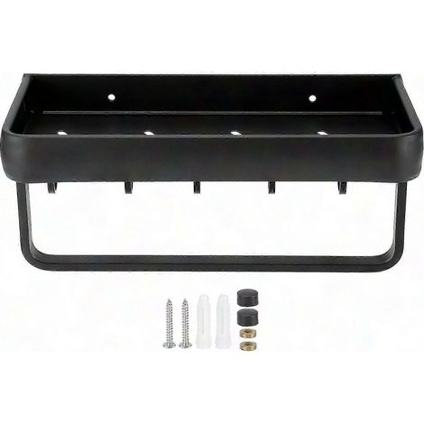 Étagère murale de salle de bain en aluminium de 30 cm avec barre porte-serviettes et 5 crochets, organisateur de rangement creux (1/5)