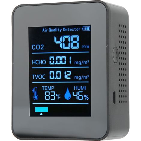 Détecteur de qualité de l'air 5 en 1 : mesure en temps réel du CO2, des COVT, du HCHO, de la température et de l'humidité. Moniteur portable de dioxyde de carbone (noir). (1/5)