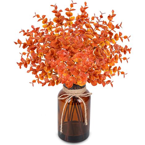 Plantes artificielles 14,5" pour décoration d'automne, tiges d'eucalyptus artificielles dans Vase en Verre Ambré avec Eau factice, pour Salle de Bain, Bureau, Maison, Mariage – Orange (1/5)