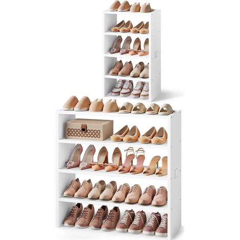 Étagère à Chaussures Extensible à 3 Niveaux, Lot de 2, Extensible Shoe Rack pour 4-8 Paires Shoes, Rangement de Chaussure en Bois, 38.5 à 66 cm, pour Entrée, Placard, Salon, Chambre, Blanc (1/5)