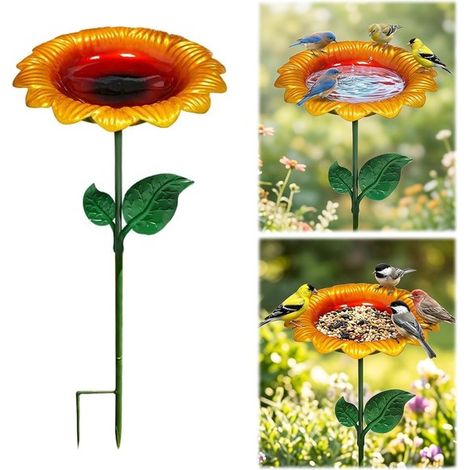 Bain d'oiseaux autoportant - Design tournesol - Résistant au gel - Abreuvoir et mangeoire pour oiseaux de jardin - Décoration extérieure (1/5)