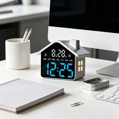 Orologio da scrivania elettronico con luce notturna, sveglia a LED a forma di casa, visualizzazione della temperatura, della data e del giorno. (1/4)