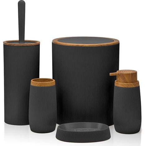 Set accessori bagno nero cannettato con finitura effetto legno 5 pezzi Blob (1/5)