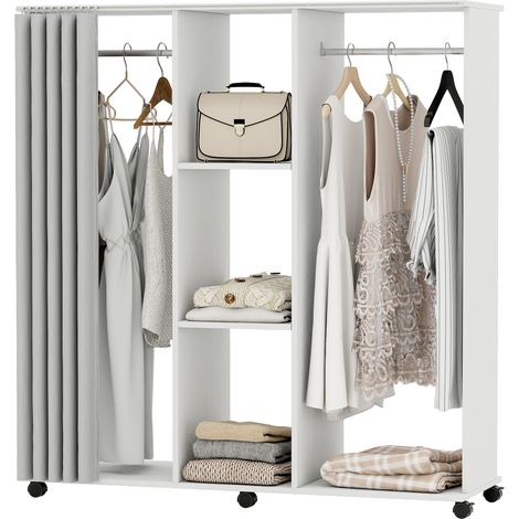 Armoire penderie mobile sur 6 roulettes 120 x 40 x 128 cm, structure en bois blanc (1/3)