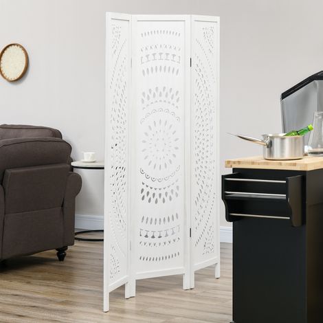 Paravent décoratif blanc 3 volets en bois sculpté, 120x170cm, séparateur design pour intérieur (1/5)