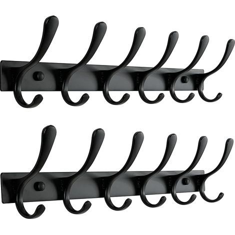 Set of 2 wall-mounted coat racks – 6 hooks, heavy-duty, stainless steel, sturdy wall hooks for hanging coats, jackets, clothes, hats, black (1/5)