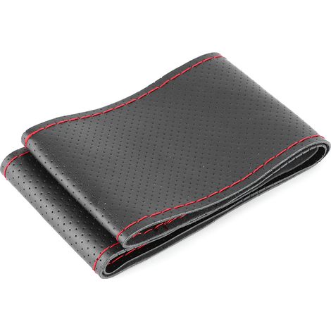 Volant Voiture Housse 38cm/15in Cuir Perforé Cousu Main avec Aiguille et Fil Noir Rouge (1/5)