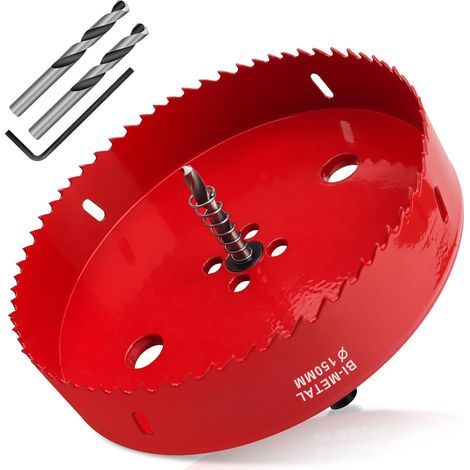 150-mm-Lochsäge, HSS M42 Bimetall-Holzlochsäge, Lochsäge mit Adapter und Zentrierbohrer, ideal für Holz, Gipskarton, Trockenbauwände und Kunststoff, 1 Stück, Rot