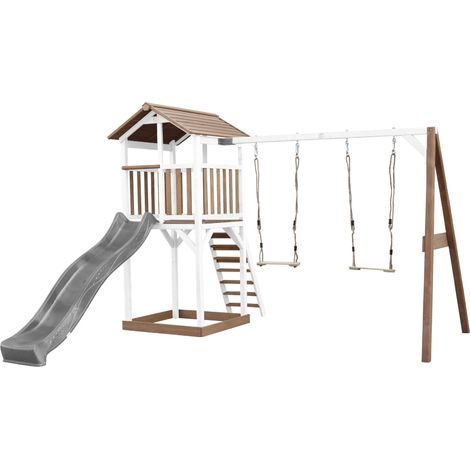 Axi Beach Tower Aire De Jeux Avec Toboggan En Gris, 2 Balançoires & Bac À Sable Grande Maison Enfant Extérieur En Marron & Blanc Cabane De Jeu En Bois Fsc (1/5)