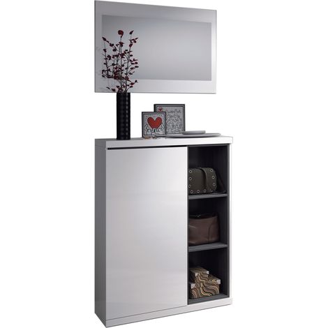 Mobile ingresso 79x25x108h cm con scarpiera e specchio, bianco lucido grigio cenere - Alhena (1/5)