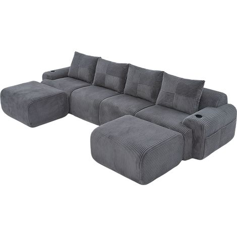 Canapé modulable en velours côtelé pour 4 personnes (avec 2 poufs), combinable librement, avec porte-gobelet et poche de rangement latérale, idéal pour le salon, la salle familiale et d'autres pièces,