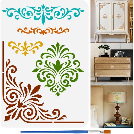 Pochoirs de Peinture de Bordure Avec Pinceau 21x29.7cm en Plastique PET les Bords et les Coin Du Modèle de Dessin de Bordure à Motifs Pochoir Décoratif à Thème Quotidien pour Toile (1/5)