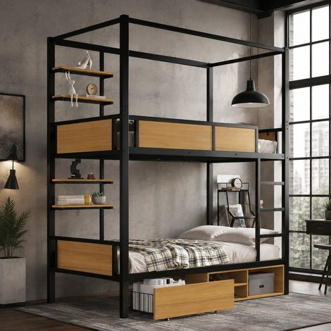 Litera de metal y MDF 90x200 cm, con almacenaje y estante doble HAVRYA (1/5)