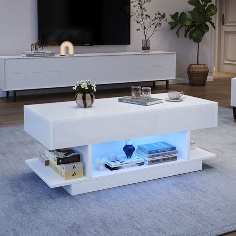 Tavolino da caffè in legno ingegnerizzato bianco 98 cm con piano alzabile e LED