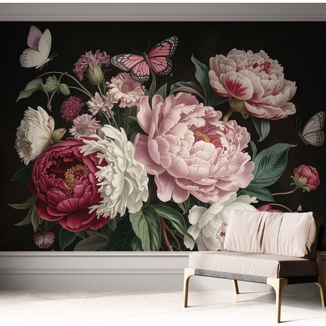 Papier peint adhésif décoratif pour salon chambre et cuisine Facile à poser avec colle Pivoines et papillons 312x219 cm (1/5)