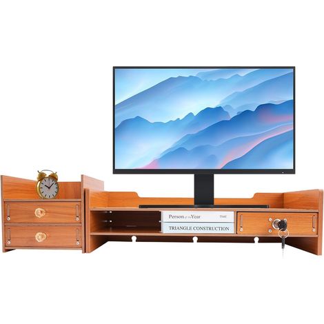 Monitor Stand Riser, Wooden Heavy Duty Desktop Organizer with 2 Shelves, Storage Compartment, Lockable Drawer, Computer/PC Monitor Riser, Office Organiser, Shelf, Laptop Riser