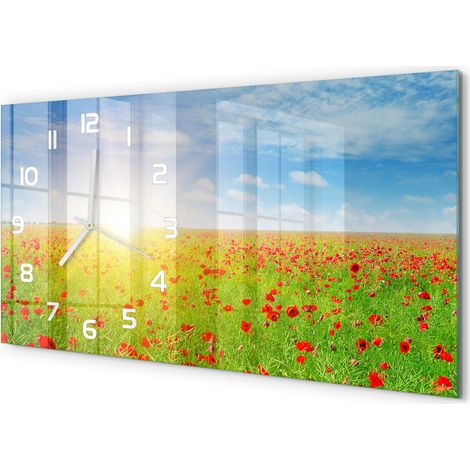 Horloge Murale Panoramique Artistique 60x30 cm Verre Trempé Design Original Champ de coquelicots (1/5)