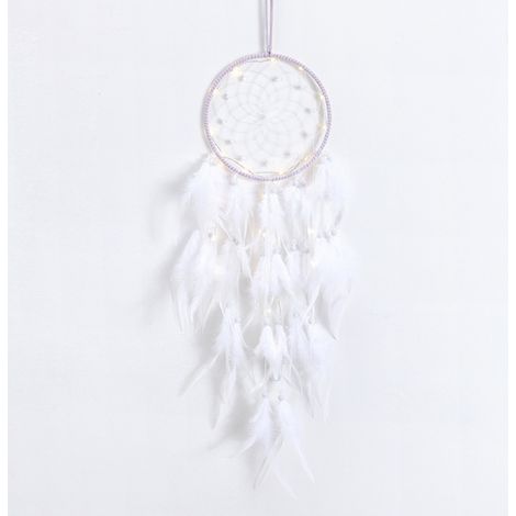 Dream Catcher - LED Light - Bohemian Wall Hanging Decoration - White Lace Feathers Design - For Bedroom Living Room Children S Room - 1 Piece (1/5)