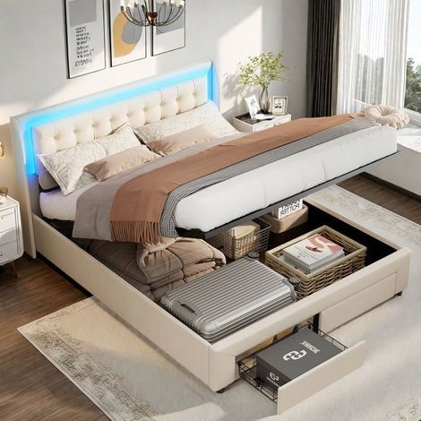Bett gepolstert 160x200 cm,Lattenrost,Bett für 2 Personen,Doppelbett mit beigem Samt,LED und 2 Schubladen,Hydraulischer Stauraum (1/5)