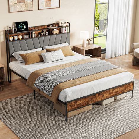 Lit double 160Ă200 cm capitonnĂ© - confortable tissu lin - sommier Ă lattes solide - Ă©clairage LED et port TypeâC tĂȘte de lit - parfait pour chambre parentale - Gris (1/5)