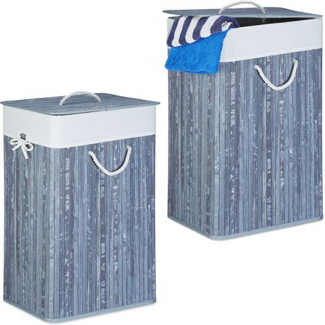 2x Cesto Porta-Biancheria, Bambù, Pieghevole, Rettangolare, 83 L, HxLxP: 65,5 x 43,5 x 33,5 cm, Grigio