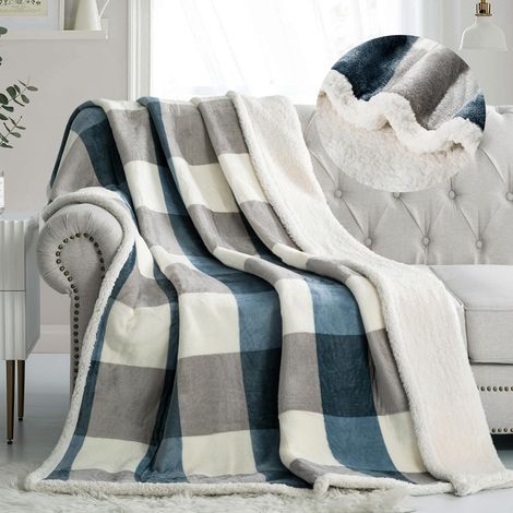 Couverture réversible en Polaire Sherpa pour canapé-lit, 150 x 200 cm, Gris-Bleu (1/5)