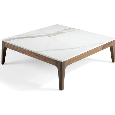 Table basse carrée plateau marbre céramique structure bois massif - Noyer, blanc, gris (1/5)