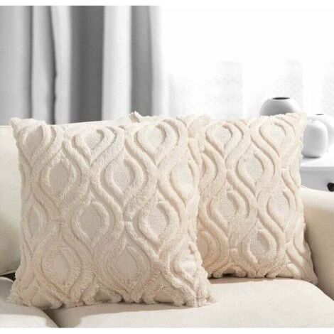 QORVA-Housses De Coussin Décoratives 18 X 18, Taies D'Oreiller Boho De Ferme En Fausse Fourrure, Housses De Coussin Beige Flou En Peluche Douce Pour Canapé, Salon, Chambre À Coucher, Lot De 2