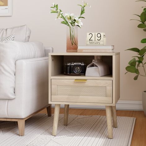 Boho-Nachttisch mit offenem Fach, 1 Schublade, 45 x 40 x 55,5 cm, Eiche OKMYHOME (1/5)