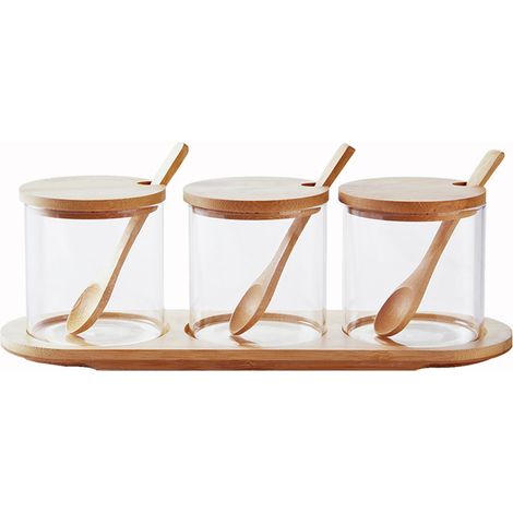 Juego de 3 tarros de cristal transparente con base de madera/tarros herméticos con tapas de bambú y cucharas. Tarros de cristal transparente. Tarros herméticos para té de flores. Azucareros. Tarros pa