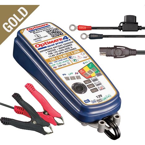 Cargador de baterías Optimate 4 Quad Program 2024/08, 12 V 1,25 A, 4-60 Ah AGM/GEL/STD, 12,8/13,2 V 2-15 Ah Litio (LiFePO4) SAE, CAN-bus (EL) - Reemplaza al TM340
