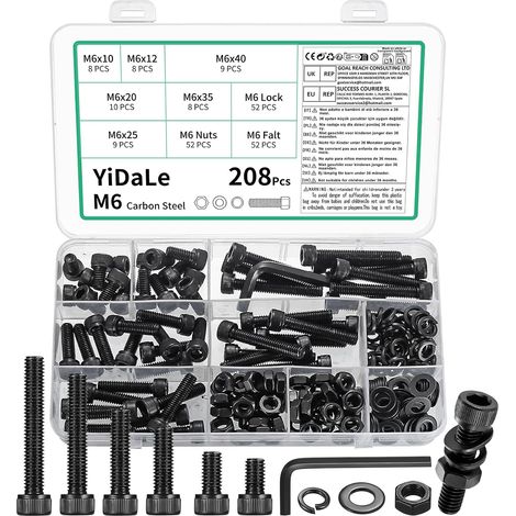 208 PcsVis M6, Vis à Tête Cylindrique Creuse et écrous, Boulons et écrous, Vis à Tête Cylindrique à Six Pans Creux Noires, Boulons avec Rondelles (208Pcs - M6) (1/5)
