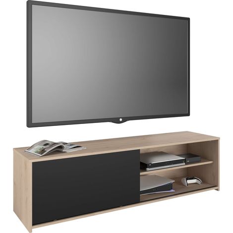 Mueble de TV Trevo 155 cm Salón Comedor Estilo Industrial en Color Roble Jackson y Negro Stipple con Puerta Corredera