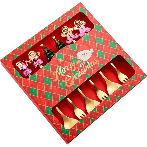 Lot de 6 cuillères et fourchettes Noël en acier inoxydable, design mignon, pour thé café et fruits, coffret fête (1/4)