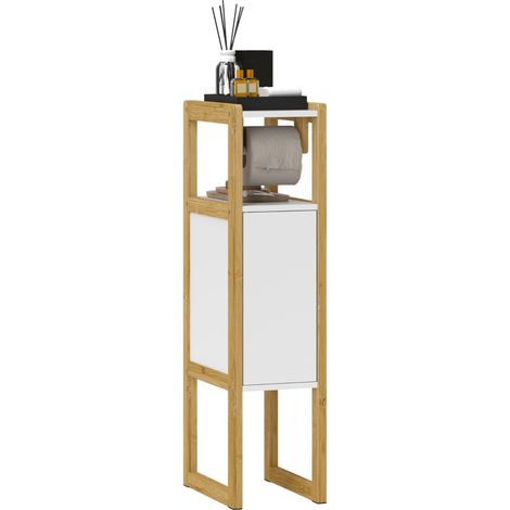 Mobile Bagno Salvaspazio con Porta Carta Igienica, Armadietto e Ripiano in Bambù, 20x33x80cm, Bianco (1/5)