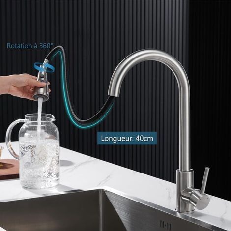 Robinet de cuisine avec douchette extractible, mitigeur de cuisine en acier inoxydable 304, robinet d'évier à bec haut rotatif à 360° avec 3 modes de réglage, finition brossée, eau chaude et froide di (1/4)