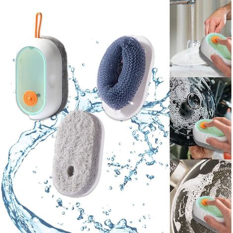 Brosse Vaisselle avec Reservoir, Brosse Vaisselle avec 3 Têtes de Brosse, Brosse Menage Blanche 126.52.5 cm, Avec 2 Têtes de Brosse en Nylon et 1 en TPR, pour Vaisselle, Casseroles, Eviers (1/5)