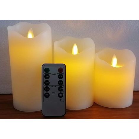 Jandei - Velas LED Marfil juego de 3 Pilares de Cera Real con mando 3 Llama LED parpadeante Luz LED decorativa y Navidad