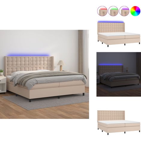 Sommier à lattes de lit matelas LED Cappuccino 200x200 cm - Sommier Tapissier - Lit Capitonné - Lit Avec Éclairage LED - Matelas À Ressorts Ensachés - Têtière Ajustable (1/5)