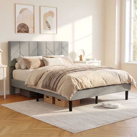 Cadre lit 140x190 cm sommier tête réglable rembourré lin rangement gris. Cadre lit lin gris avec rangement intégré, élégant et fonctionnel. (1/5)