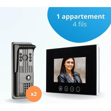 Portier interphone vidéo PILI 4 Fils pour 2 entrées - 1 appartement - 2 platines - 1 écran noir 7" - avec mémoire photos
