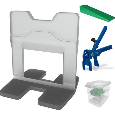 Kronen-Hansa Système de nivellement pour carrelage - kit de démarrage pour largeur de joint 2 mm, 100 languettes, 100 cales, pince pour carrelage d'épaisseur 3-12 mm, kit pratique dans un seau (1/5)